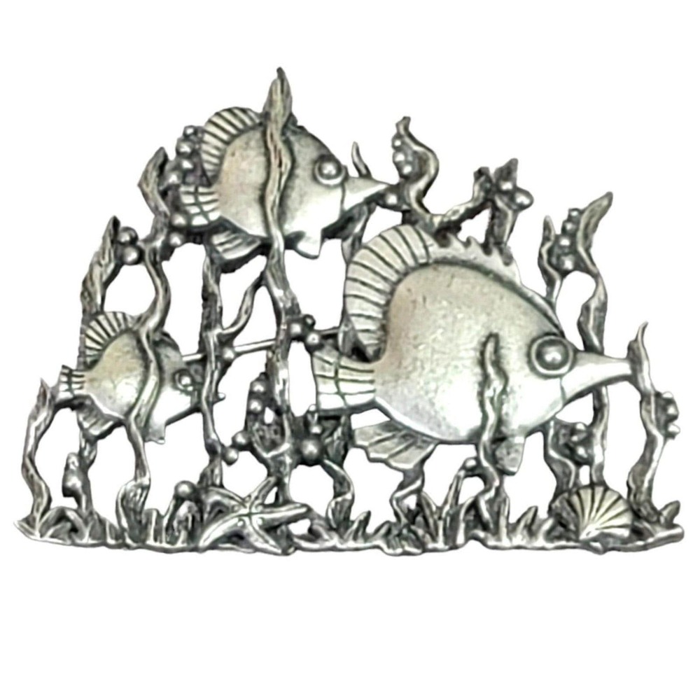 Vintage JJ Jonette Jewelry Pewter Tropical Fish Seaweed Ocean Brooch Pin Silver
